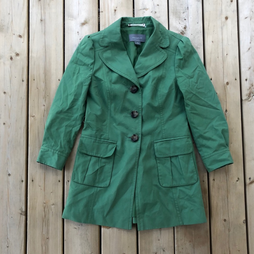 Ann Taylor Green Pocketed Trench Coat Size Small